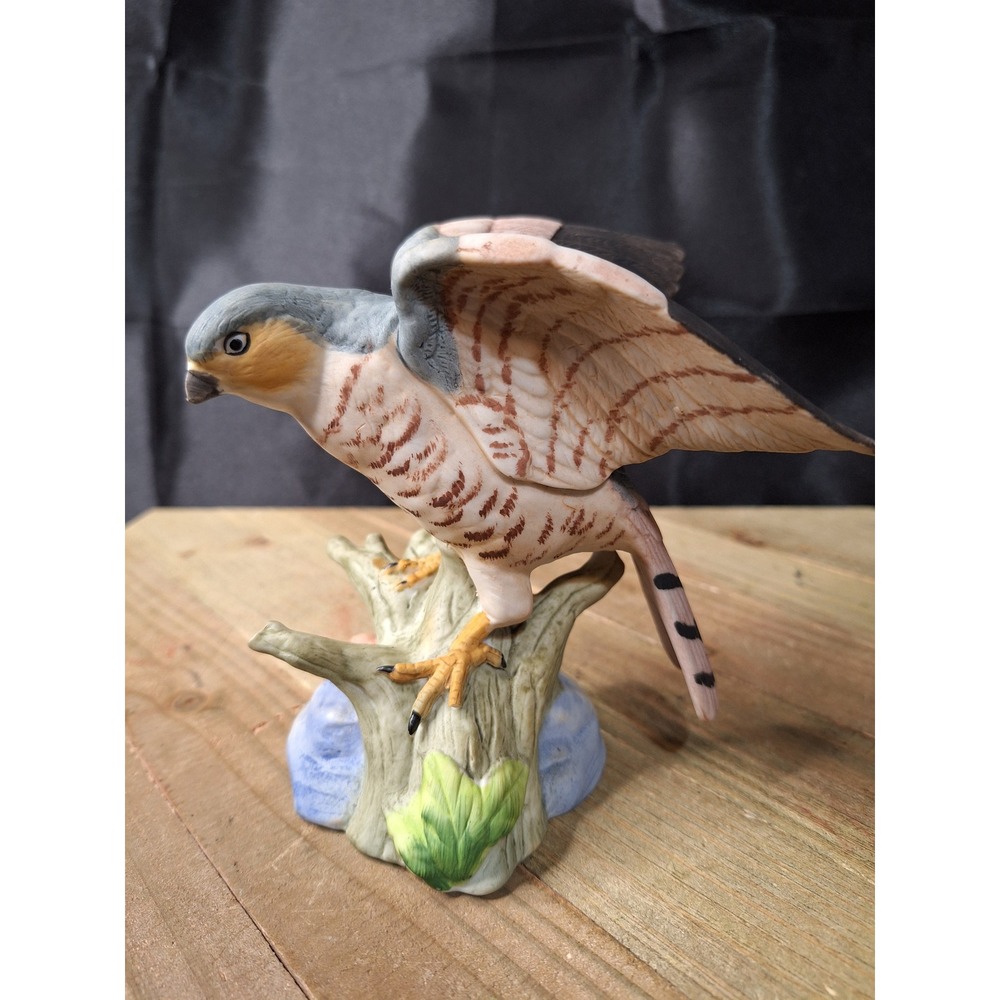 Vintage Hand Painted 1990s Maruri Porcelain Sparrow Hawk Figurine on Branch